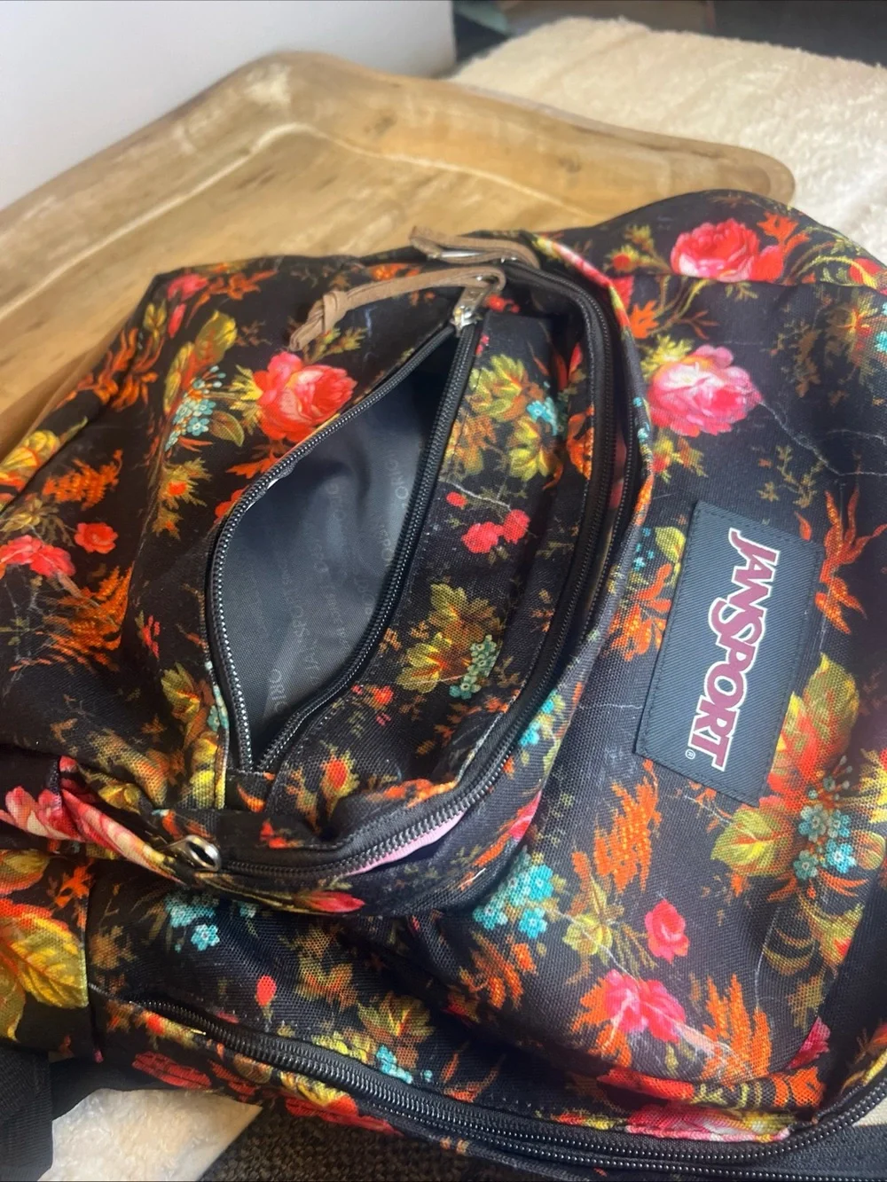 Jansport Black Floral Backpack with Pink and Orange Blooms